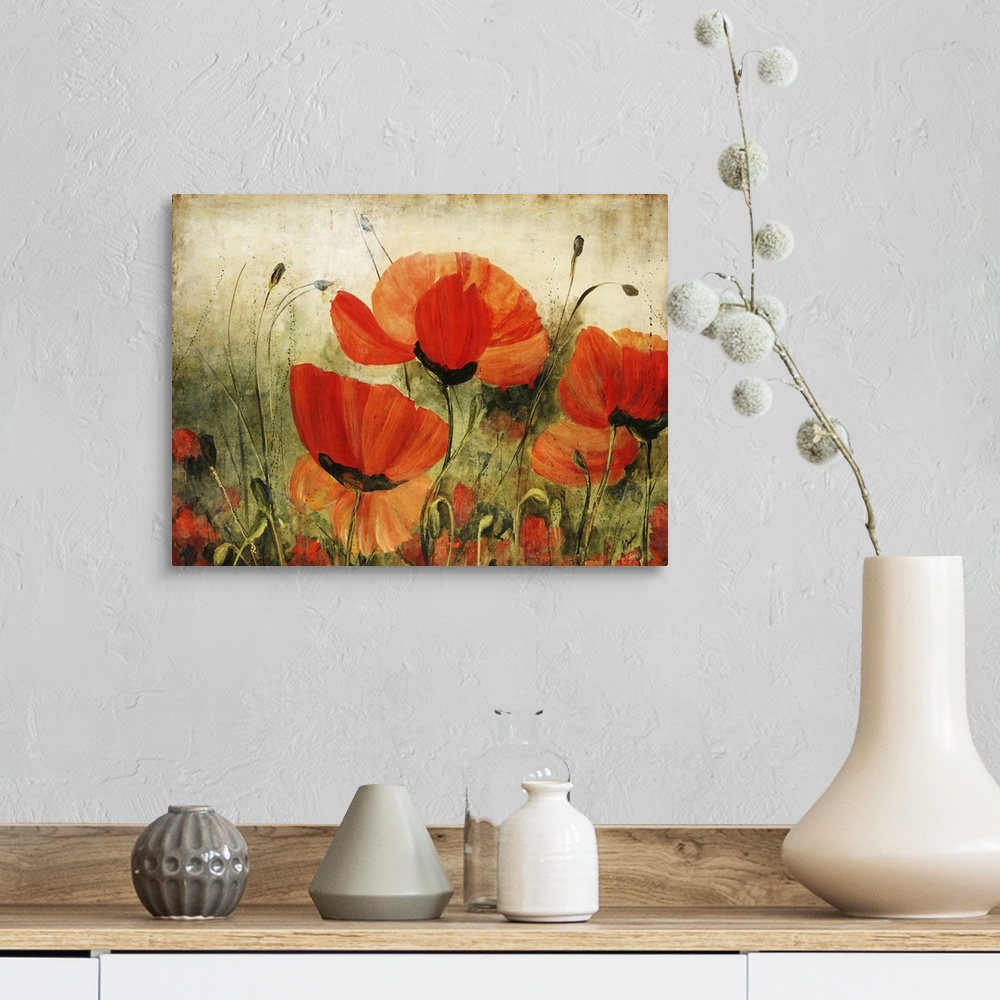A farmhouse room featuring Contemporary artwork of delicate painted poppy flowers against a rustic background.