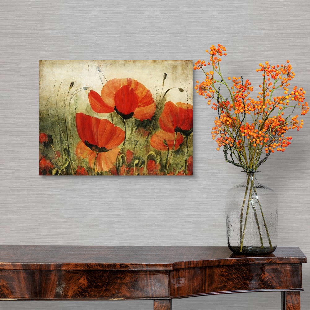A traditional room featuring Contemporary artwork of delicate painted poppy flowers against a rustic background.