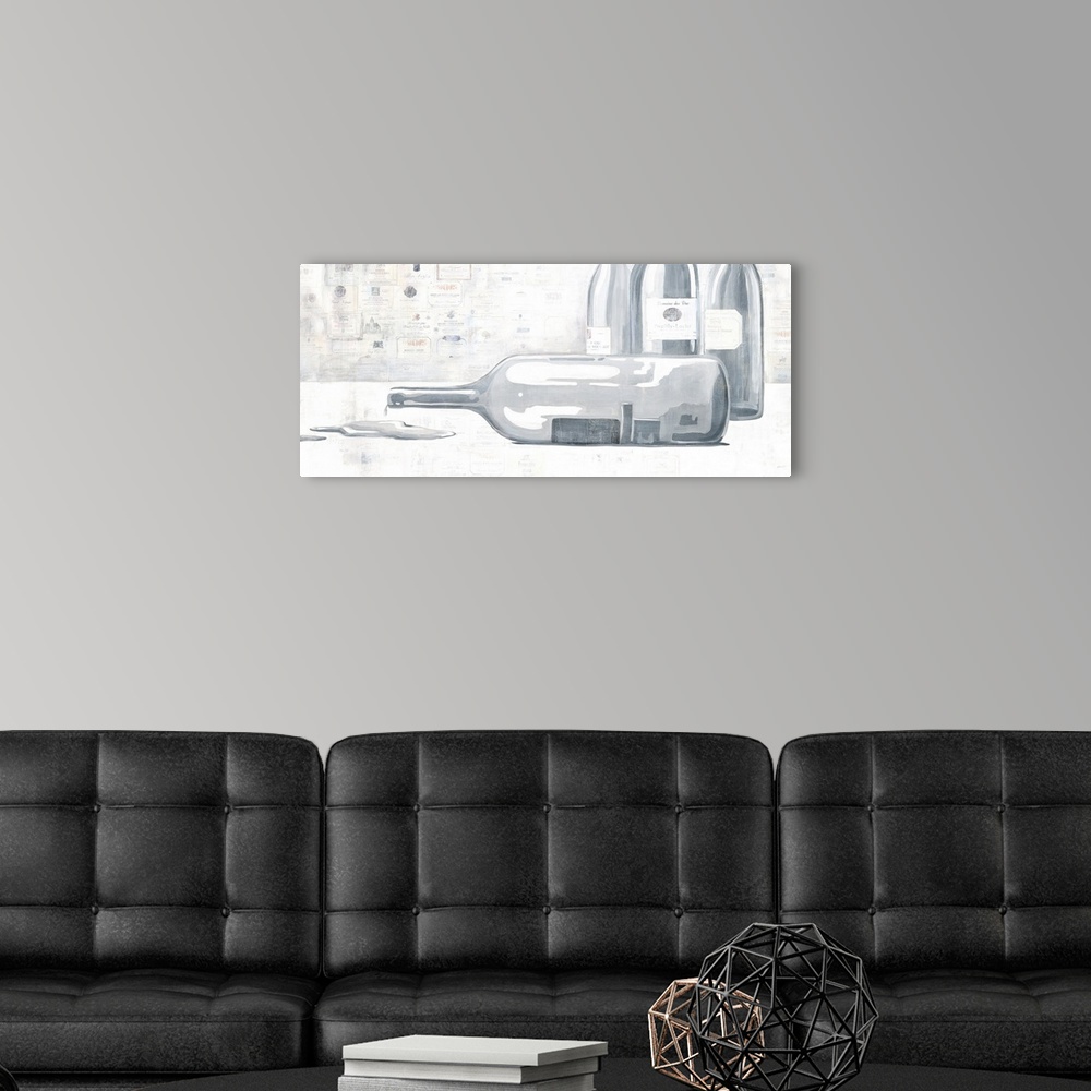 A modern room featuring Contemporary painting in gray tones of wine bottles with one on its side with wine dripping out o...