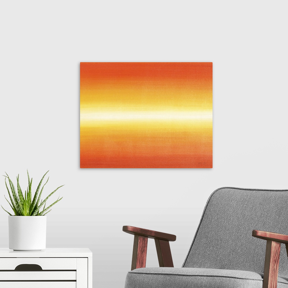 A modern room featuring Contemporary abstract painting of a bright orange colorfield.