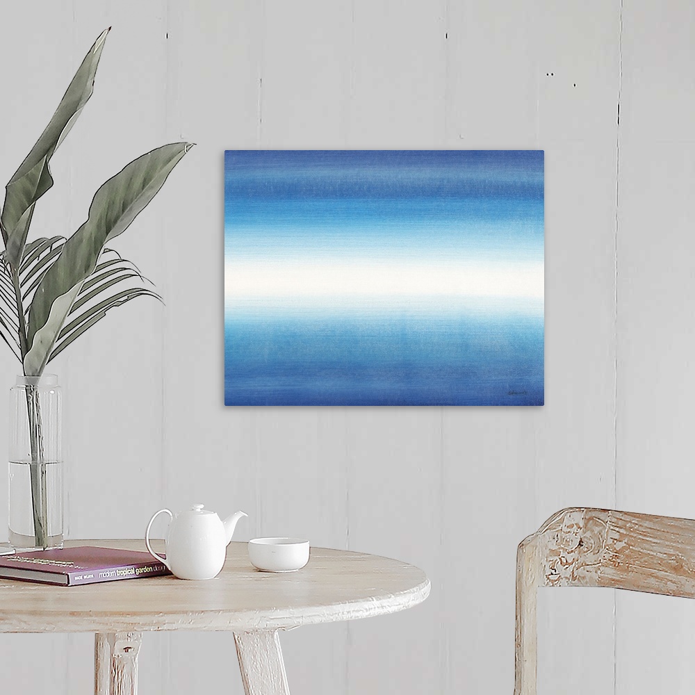 A farmhouse room featuring Contemporary abstract painting of a bright blue colorfield.