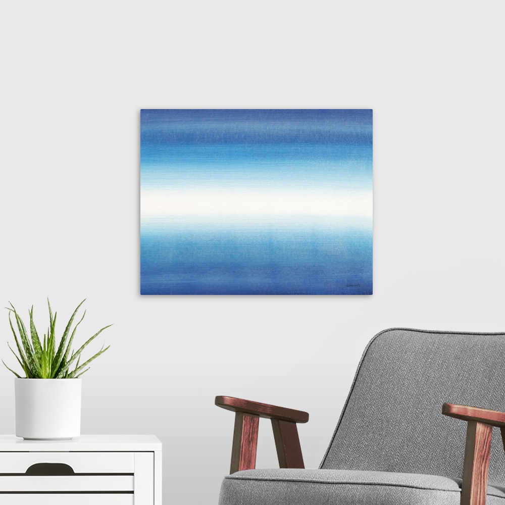 A modern room featuring Contemporary abstract painting of a bright blue colorfield.