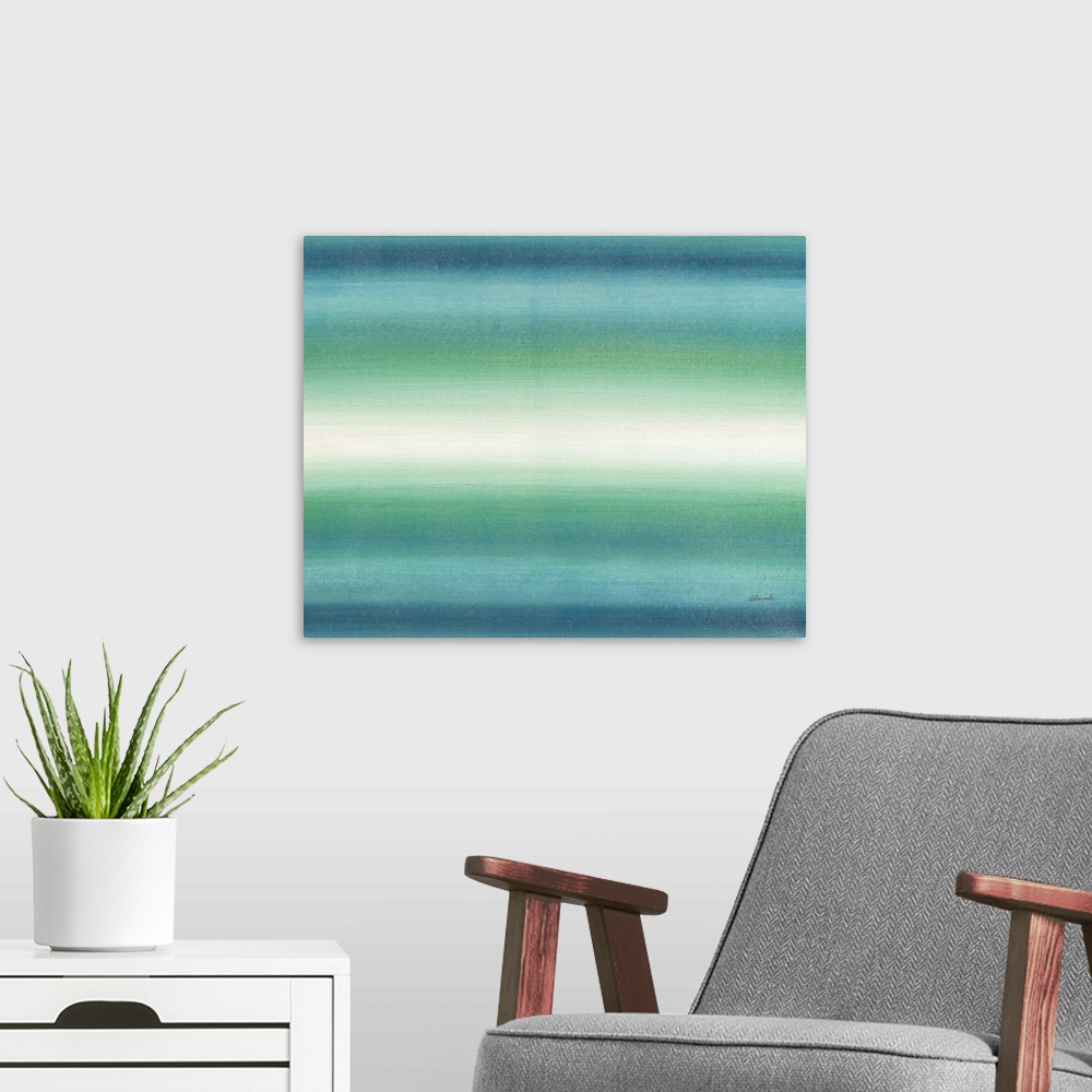 A modern room featuring Contemporary abstract painting of a green colorfield.