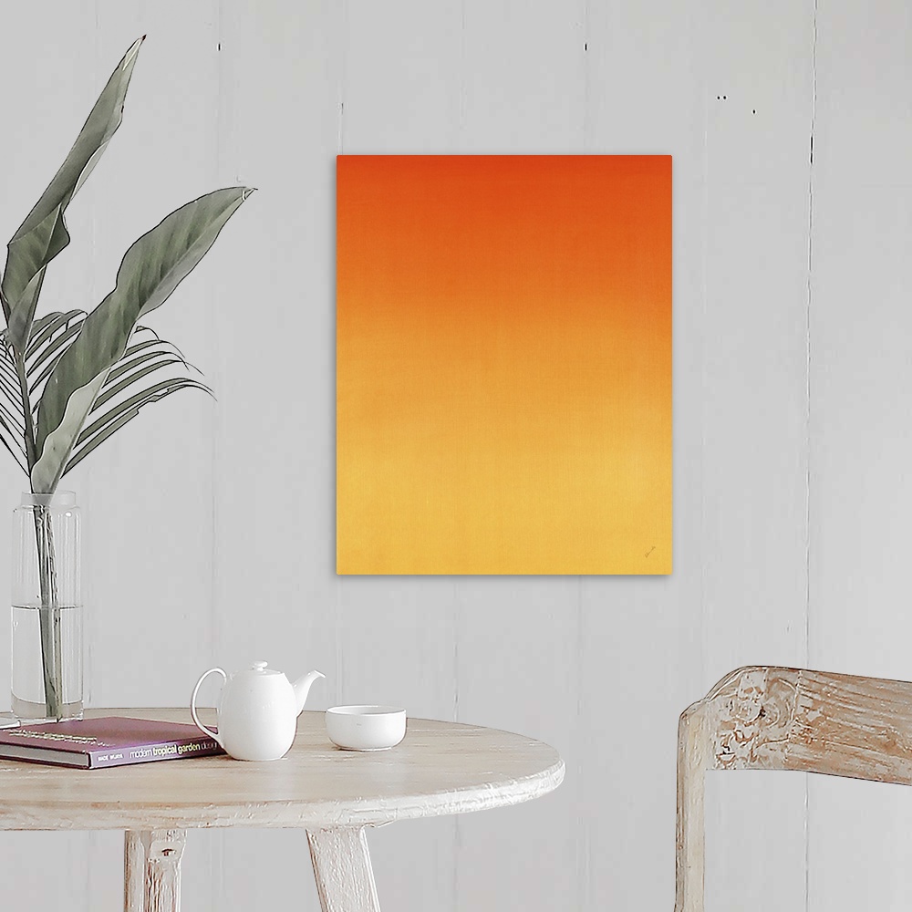A farmhouse room featuring Contemporary painting of orange fading into a lighter shade.