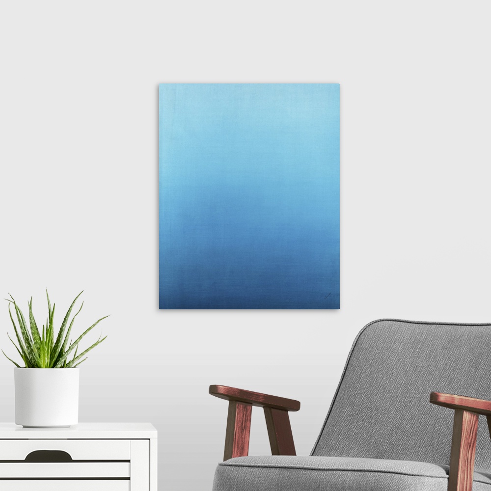 A modern room featuring Contemporary painting of lblue fading into a lighter shade.
