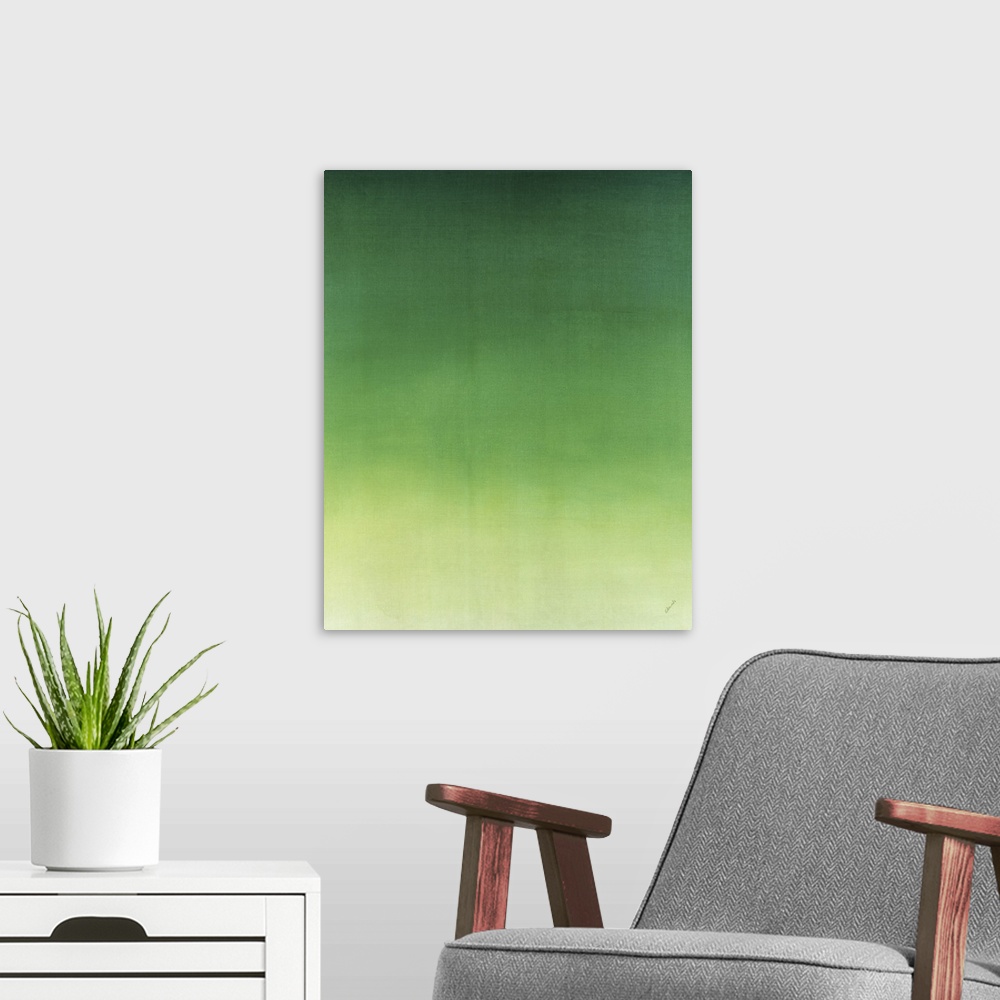 A modern room featuring Contemporary painting of green fading into a lighter shade.