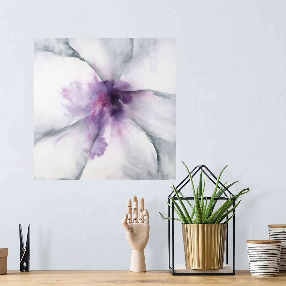 A bohemian room featuring A contemporary abstract painting of an extreme close-up of a gray toned flower with a soft purple...