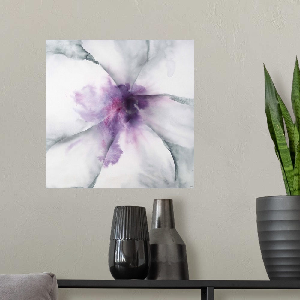 A modern room featuring A contemporary abstract painting of an extreme close-up of a gray toned flower with a soft purple...