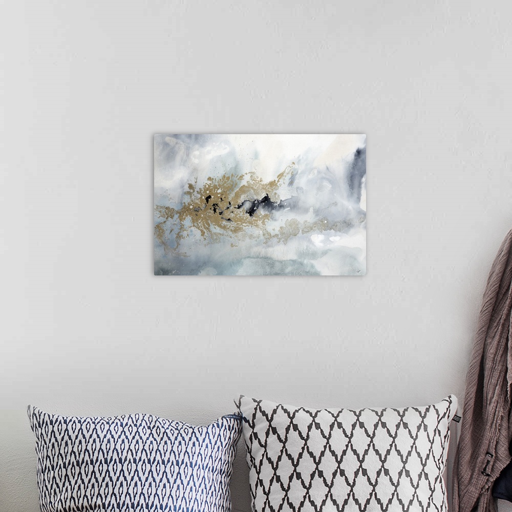 A bohemian room featuring Abstract contemporary painting in blue and gold tones, resembling a cloudy sky.