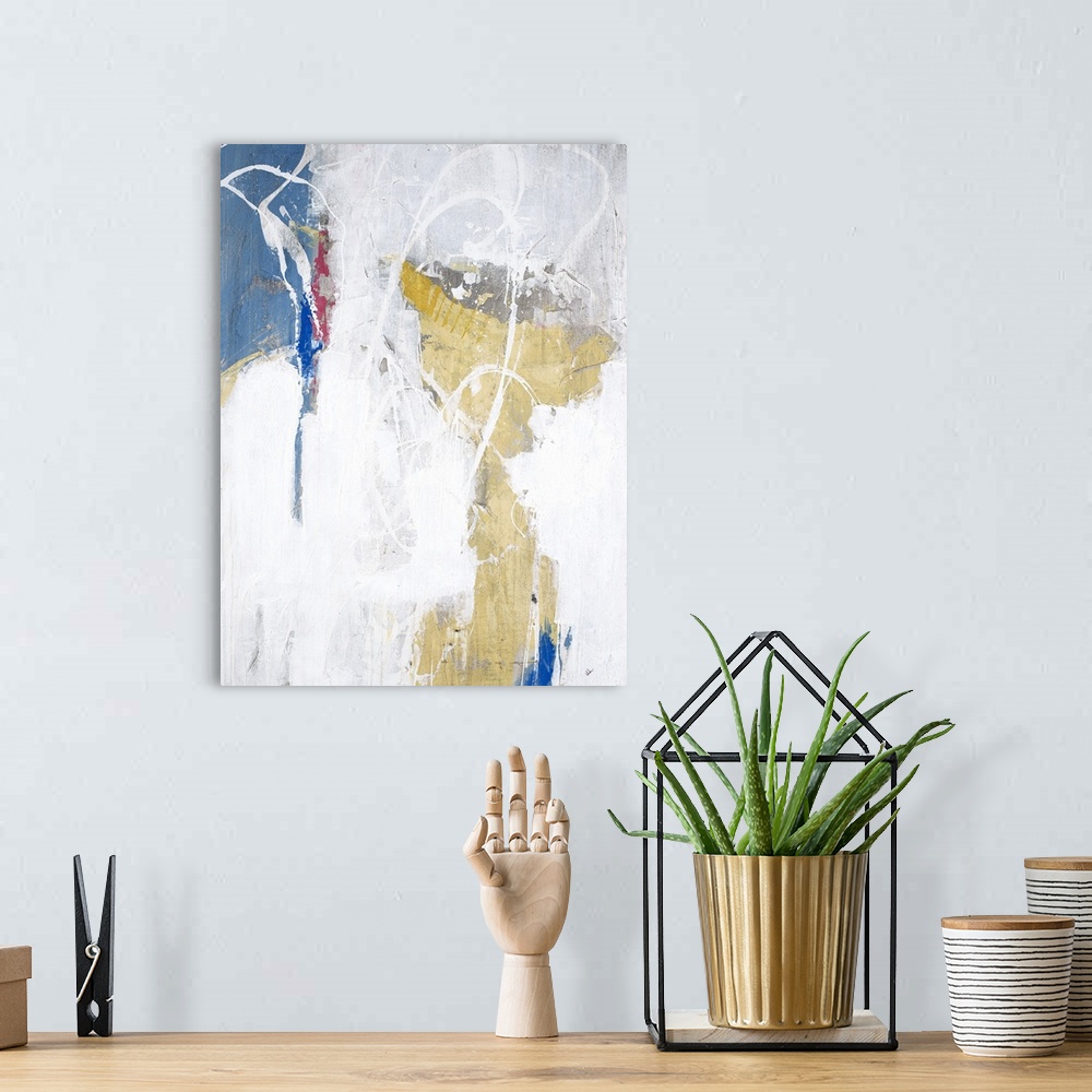 A bohemian room featuring Contemporary abstract painting with pastel pink, yellow, and blue with white splatter and lines t...
