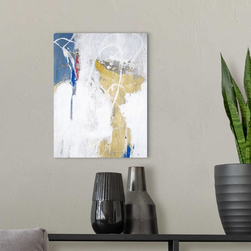 A modern room featuring Contemporary abstract painting with pastel pink, yellow, and blue with white splatter and lines t...
