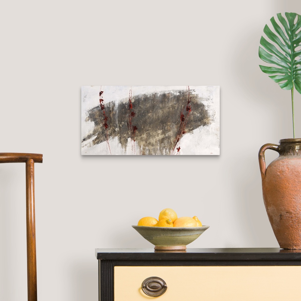 A traditional room featuring Abstract artwork in neutral earth tones with a dark cloud of brown over white.