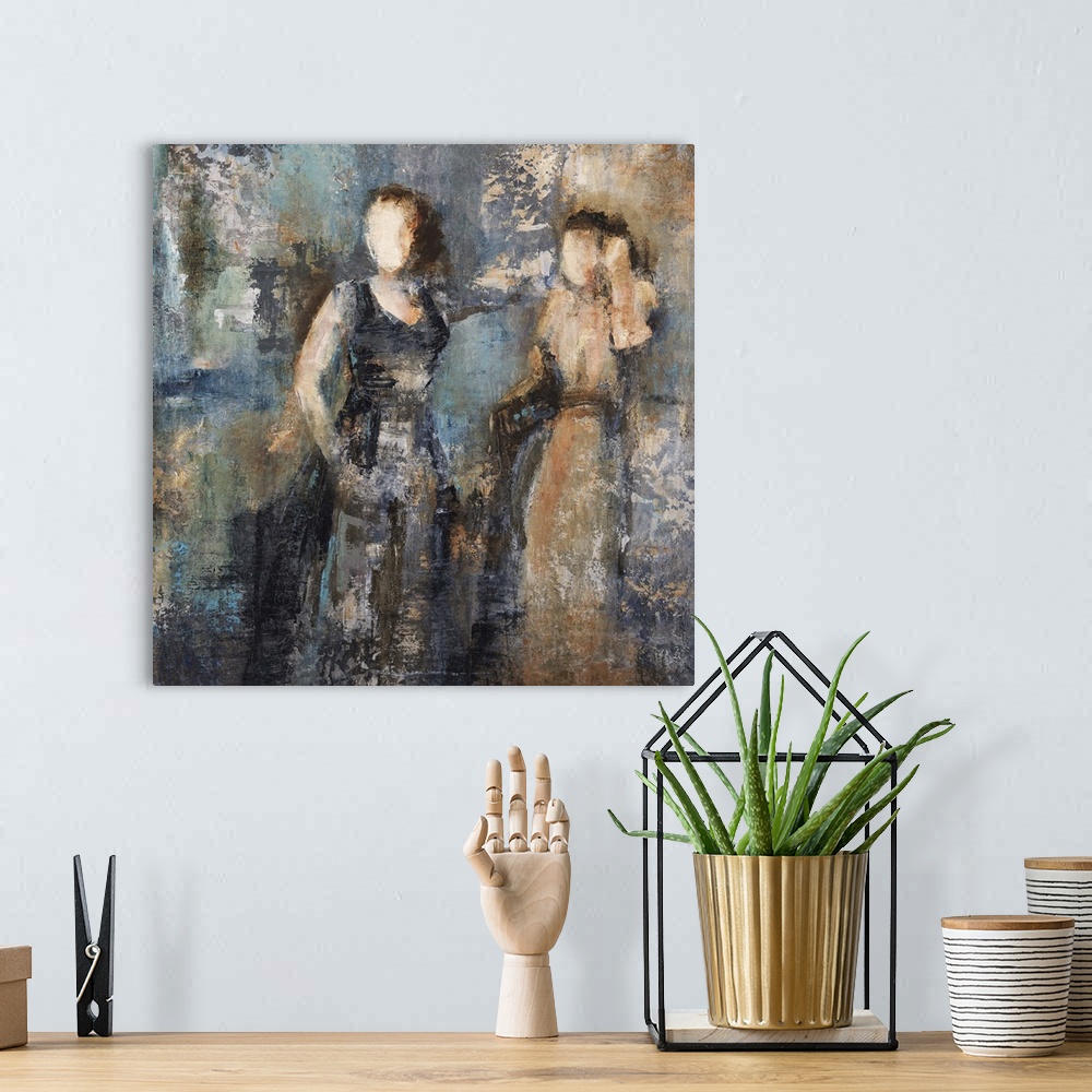 A bohemian room featuring Contemporary abstract painting using cool tones and weathered textures to create female figures.