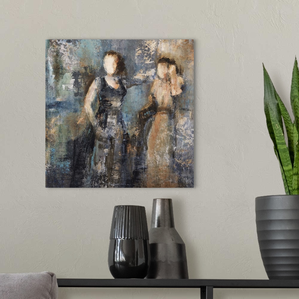 A modern room featuring Contemporary abstract painting using cool tones and weathered textures to create female figures.