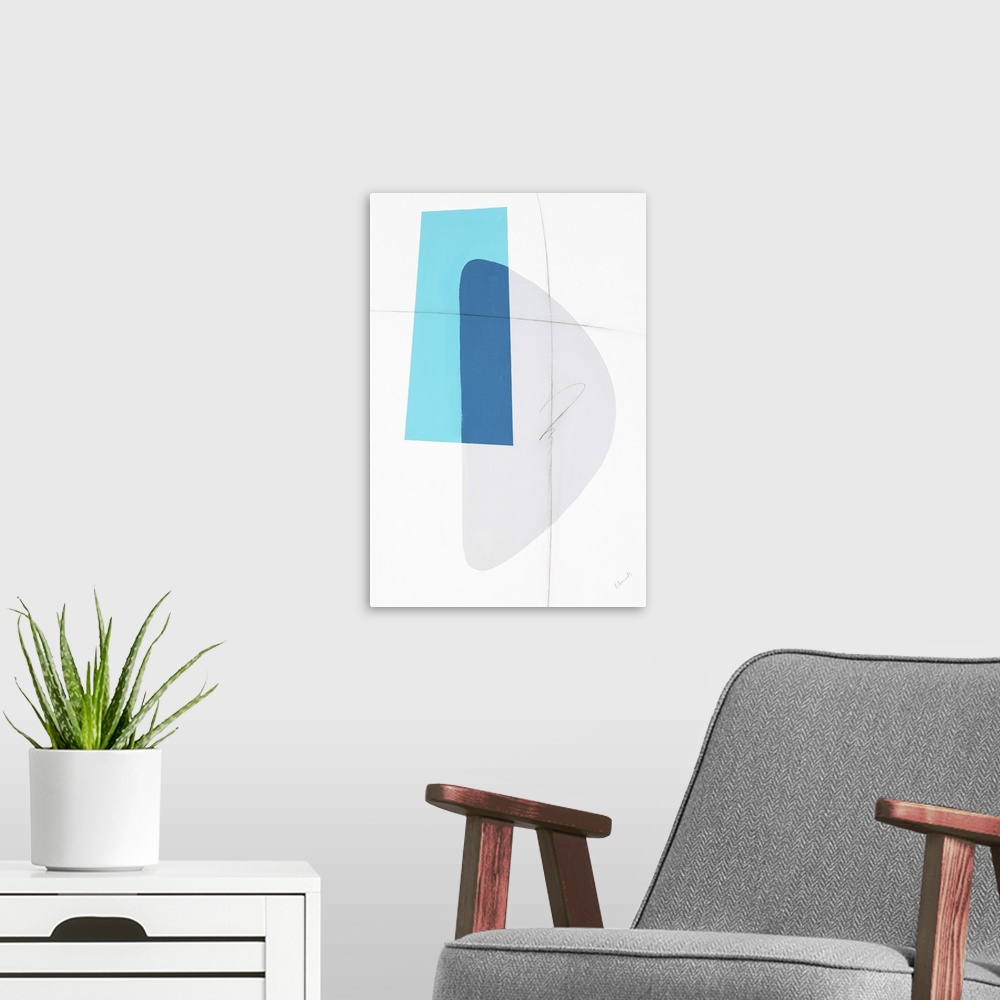 A modern room featuring Contemporary abstract painting using sold colors and geometric shapes to convey a mid-century feel.