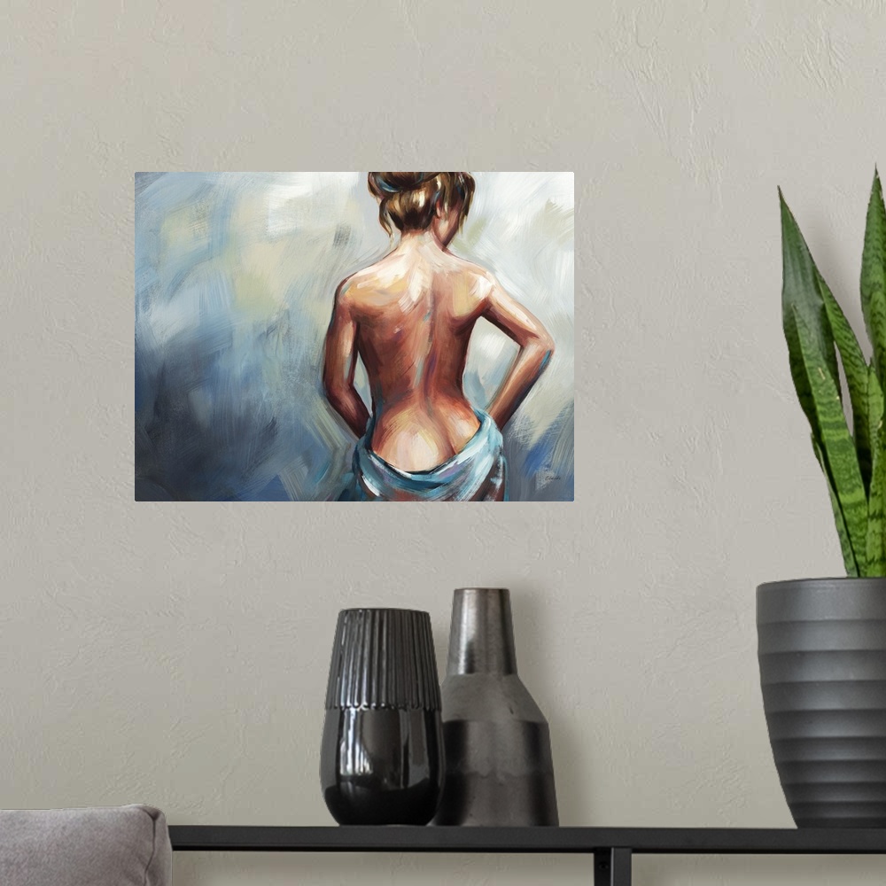 A modern room featuring Contemporary artwork drawn of a woman's backside as she drapes a cloth just below her waist.