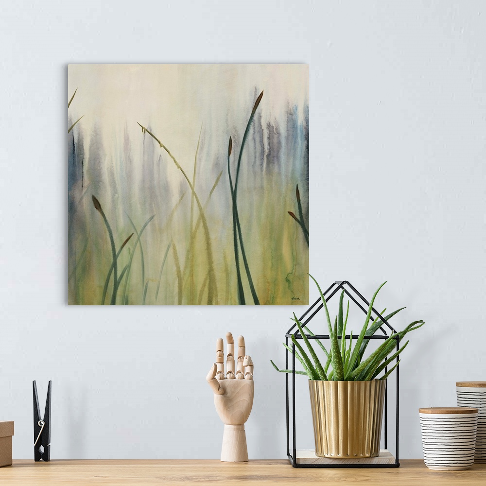 A bohemian room featuring Close-up watercolor painting of a small cluster of tall grasses that seem to fade into the foggy ...