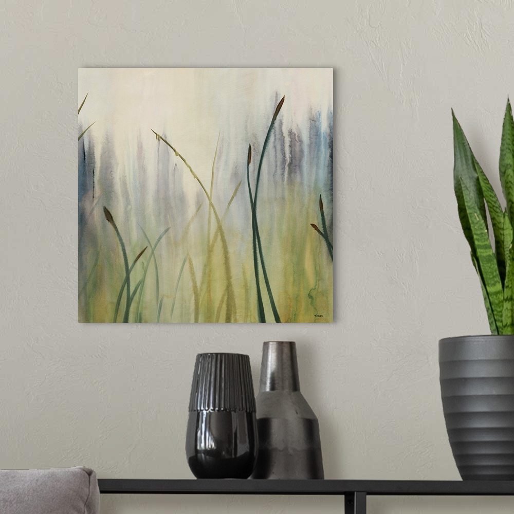 A modern room featuring Close-up watercolor painting of a small cluster of tall grasses that seem to fade into the foggy ...