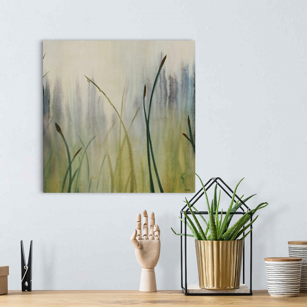 A bohemian room featuring Close-up watercolor painting of a small cluster of tall grasses that seem to fade into the foggy ...