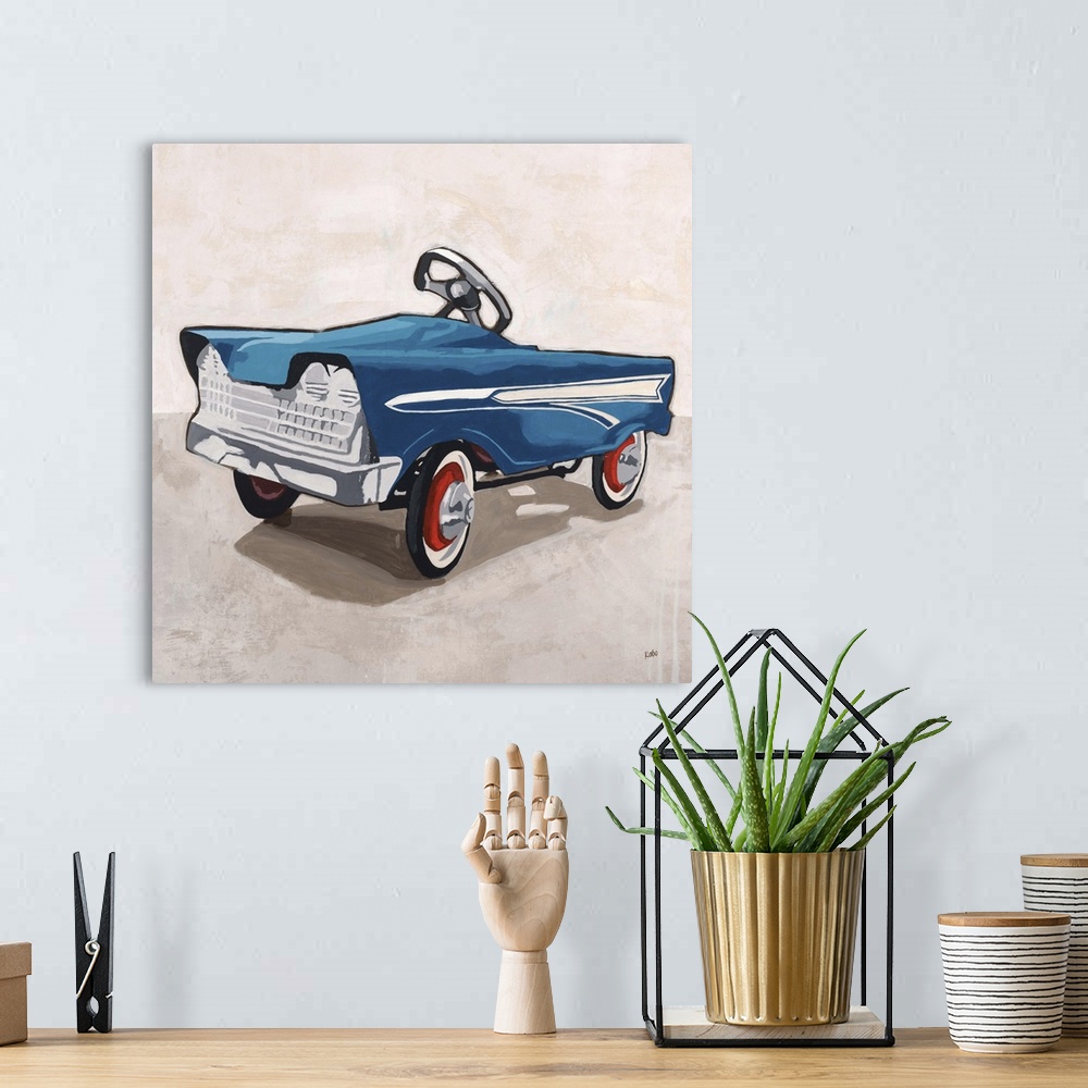 A bohemian room featuring A contemporary abstract painting of a children's toy riding car.