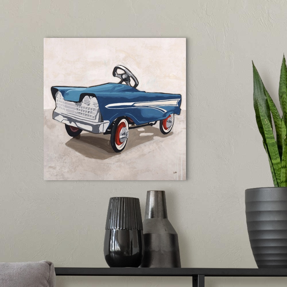 A modern room featuring A contemporary abstract painting of a children's toy riding car.