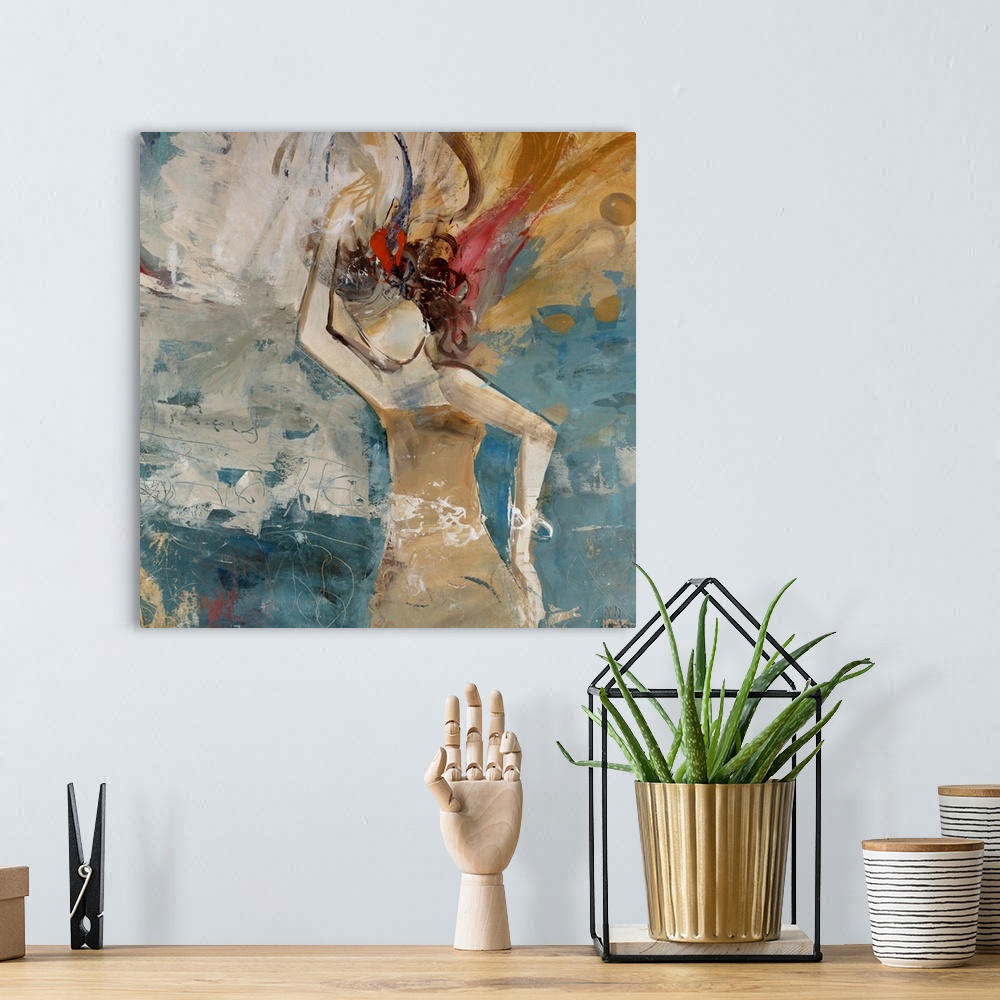 A bohemian room featuring Square, oversized figurative painting of a faceless dancer with twirling hair and one arm over he...