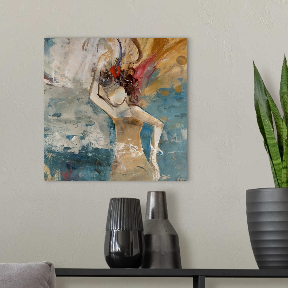 A modern room featuring Square, oversized figurative painting of a faceless dancer with twirling hair and one arm over he...