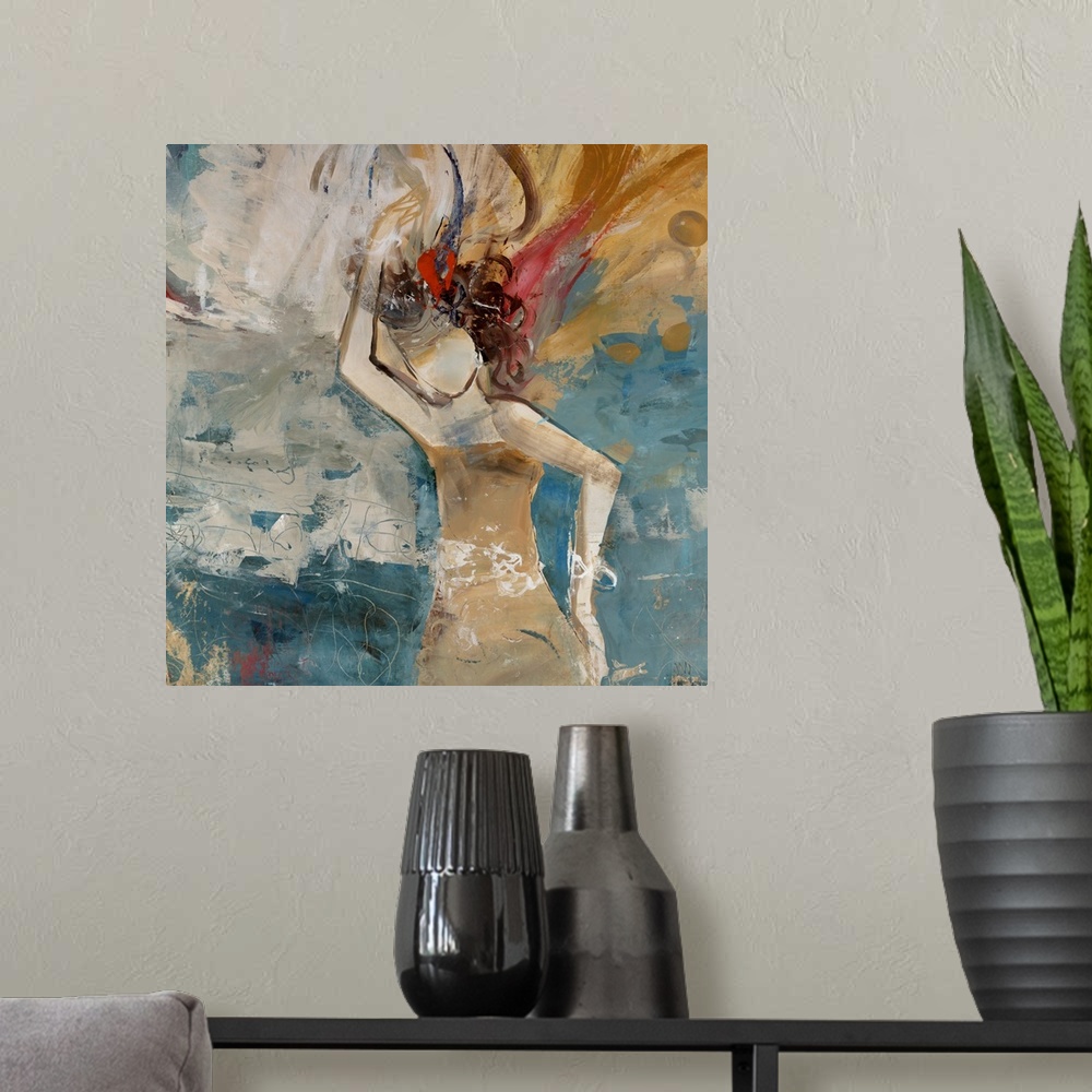 A modern room featuring Square, oversized figurative painting of a faceless dancer with twirling hair and one arm over he...