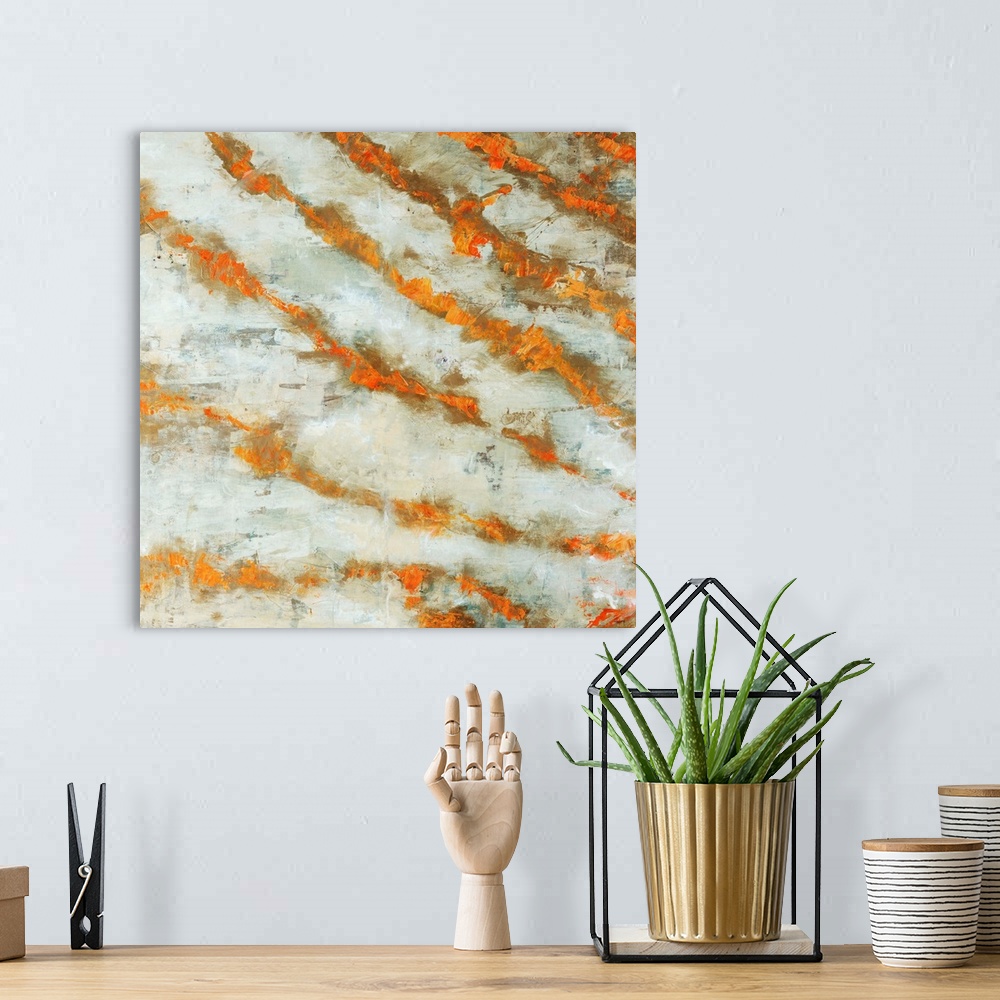 A bohemian room featuring Abstract painting of numerous diagonal lines in warm tones that are radiating like rays of sunlig...
