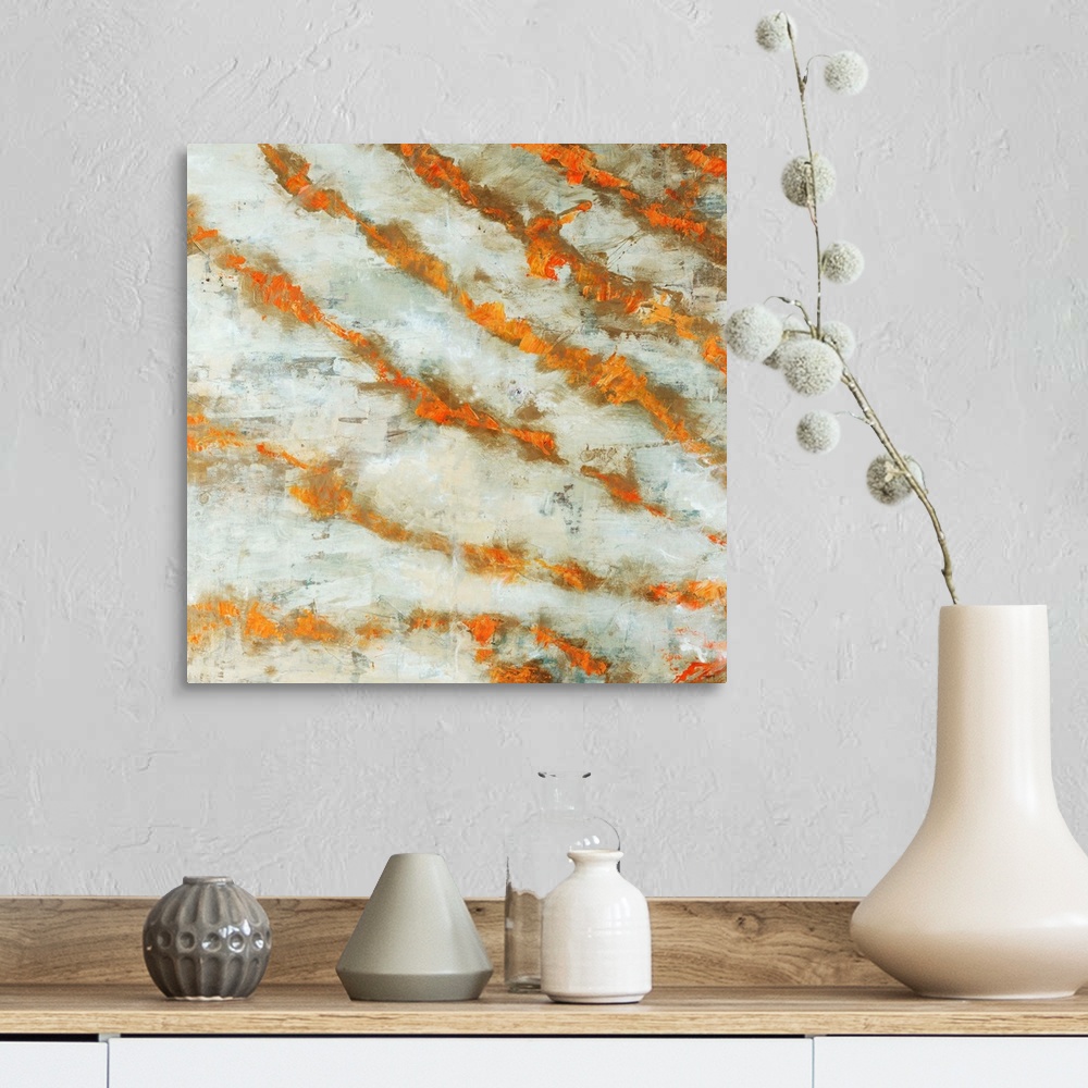 A farmhouse room featuring Abstract painting of numerous diagonal lines in warm tones that are radiating like rays of sunlig...