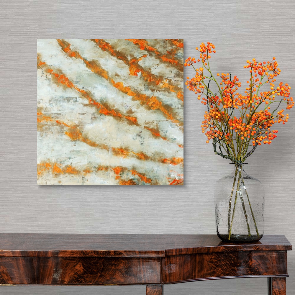 A traditional room featuring Abstract painting of numerous diagonal lines in warm tones that are radiating like rays of sunlig...
