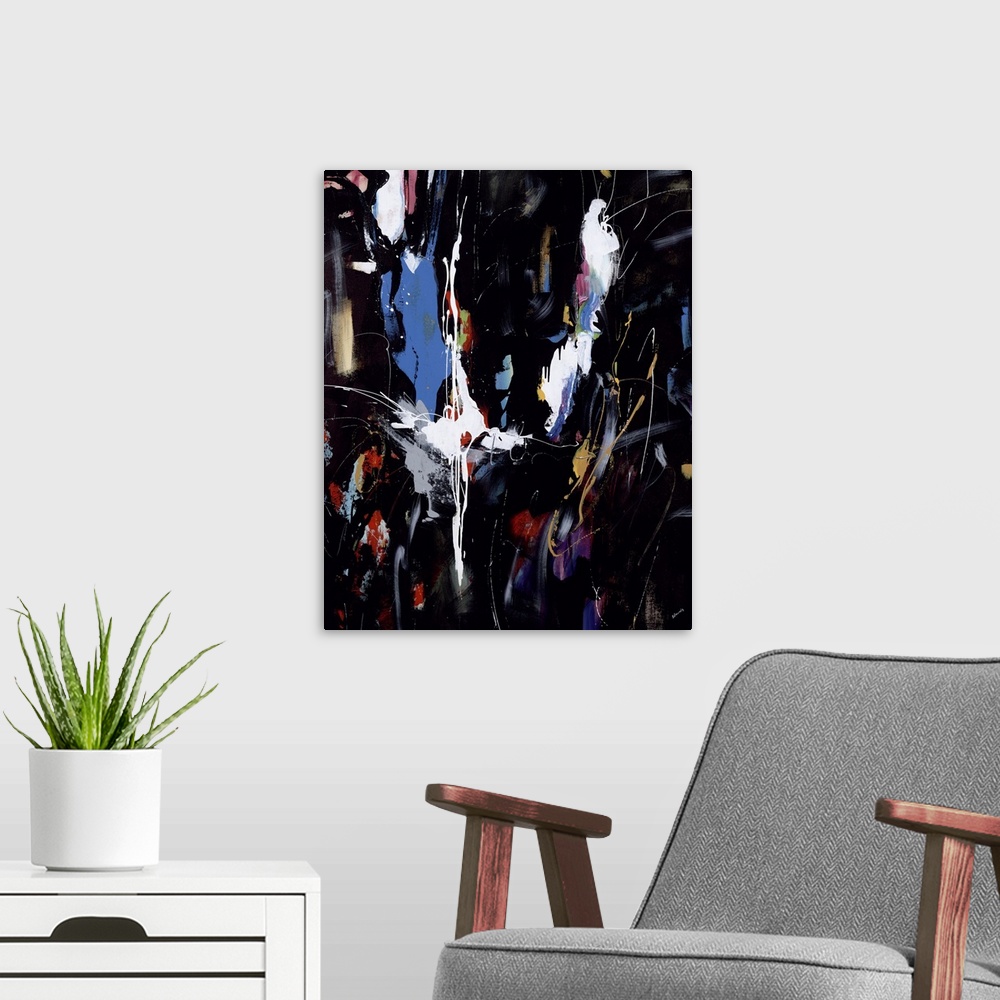 A modern room featuring Abstract painting of vibrant colors against a black background.