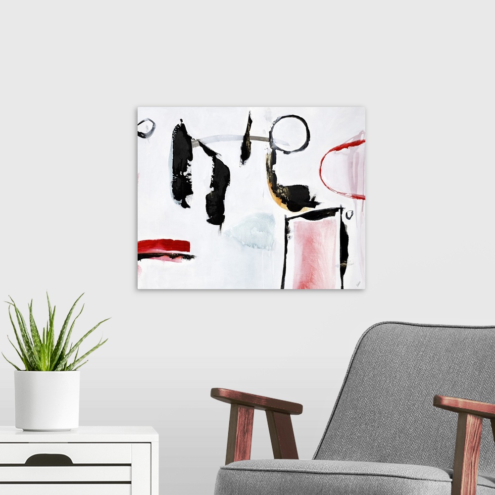 A modern room featuring An alluring painting of free flowing curved lines in black and red accents.