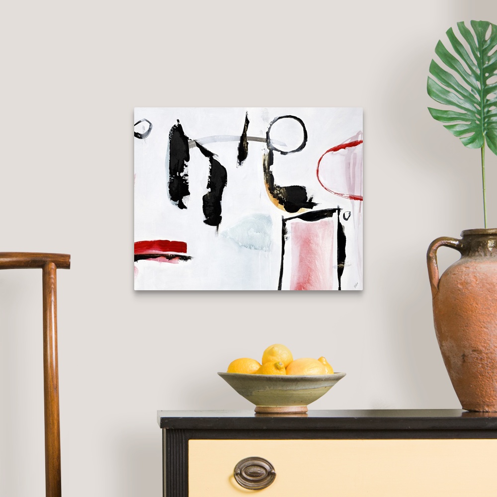 A traditional room featuring An alluring painting of free flowing curved lines in black and red accents.