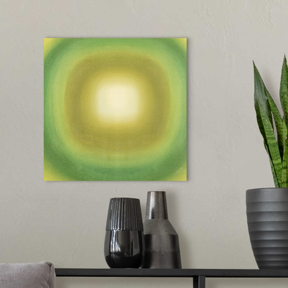 A modern room featuring Square abstract with with a green and yellow gradient circle moving out from the white center tow...