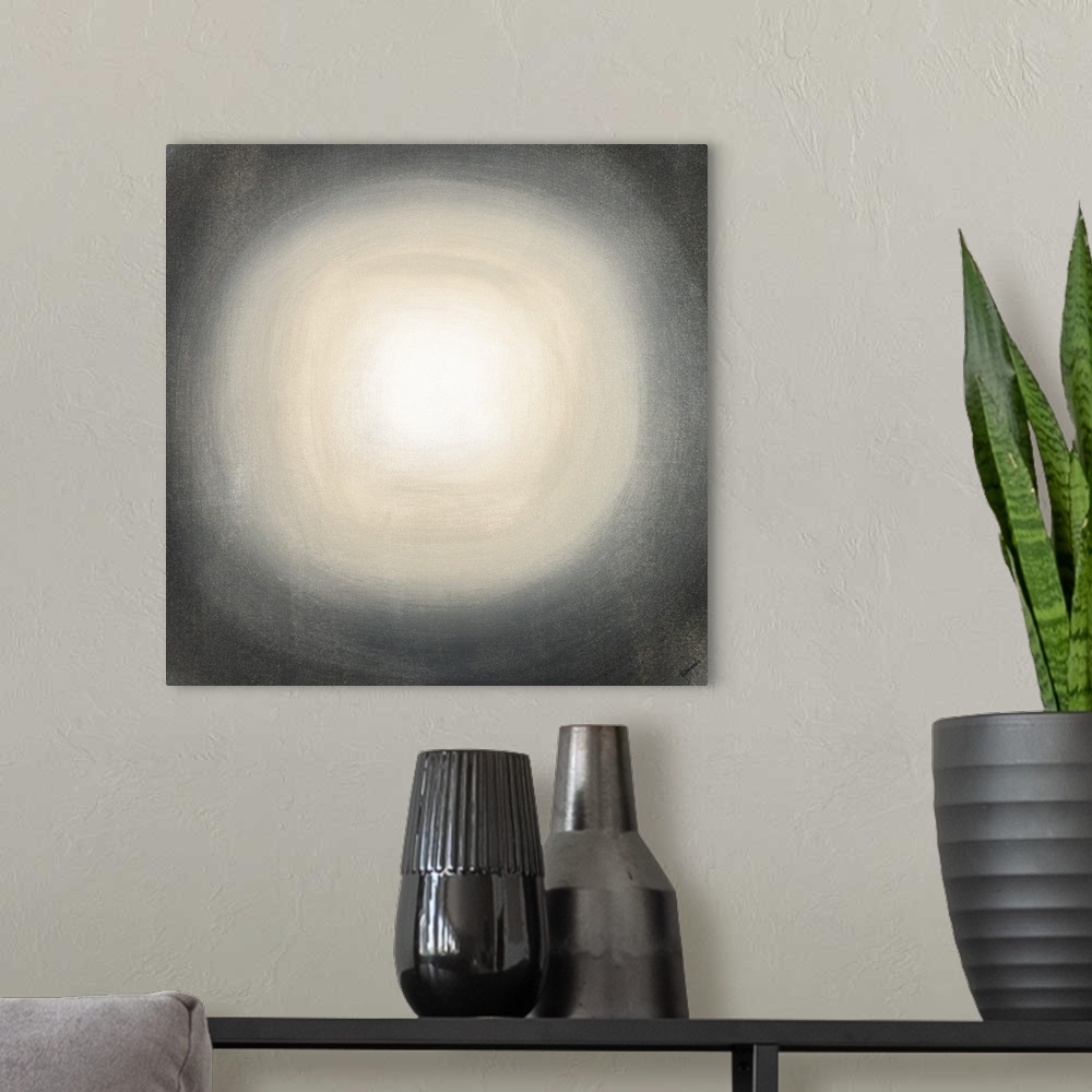 A modern room featuring Square abstract with with a tan and black gradient circle moving out from the white center toward...
