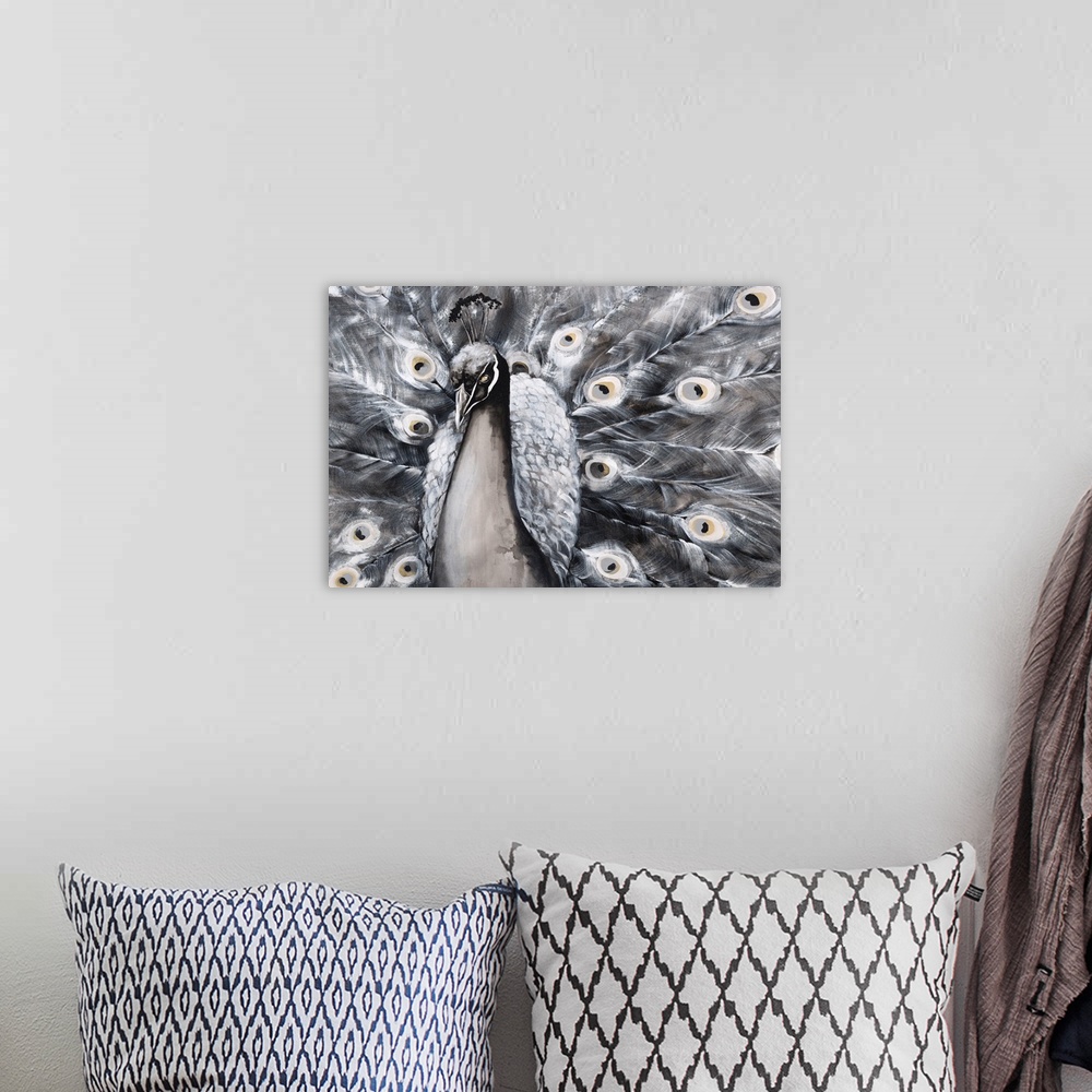 A bohemian room featuring Artwork of a proud peacock with its tail fanned out in shades of grey.