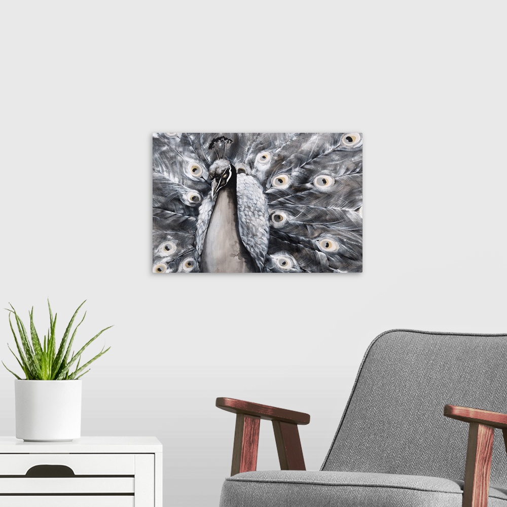 A modern room featuring Artwork of a proud peacock with its tail fanned out in shades of grey.