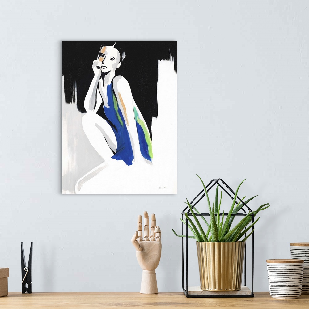 A bohemian room featuring Contemporary painting of a woman wearing a blue dress against an abstract background.