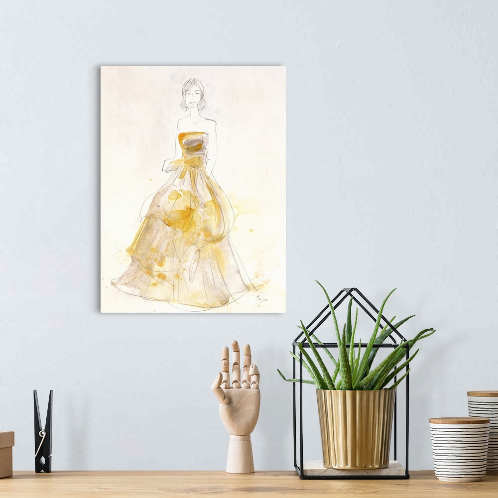 A bohemian room featuring Contemporary painting of a woman wearing a yellow dress against a neutral background.