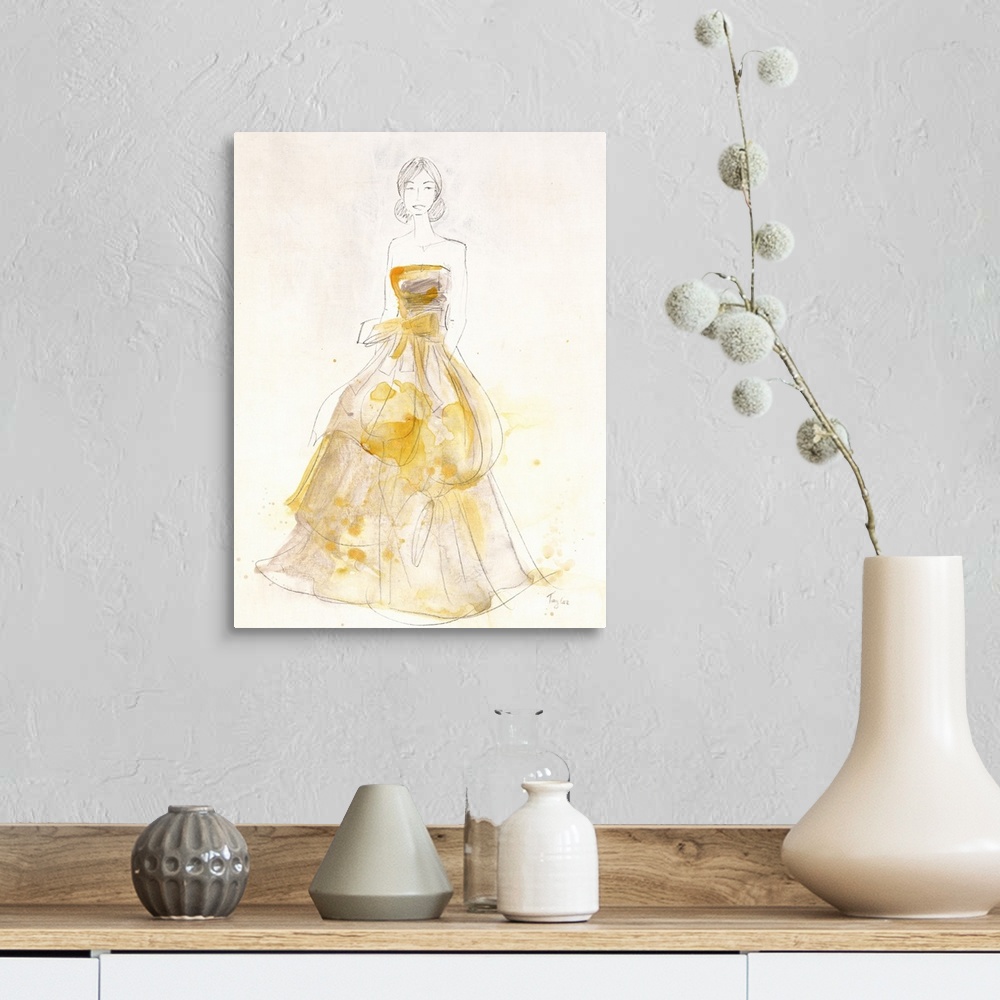 A farmhouse room featuring Contemporary painting of a woman wearing a yellow dress against a neutral background.