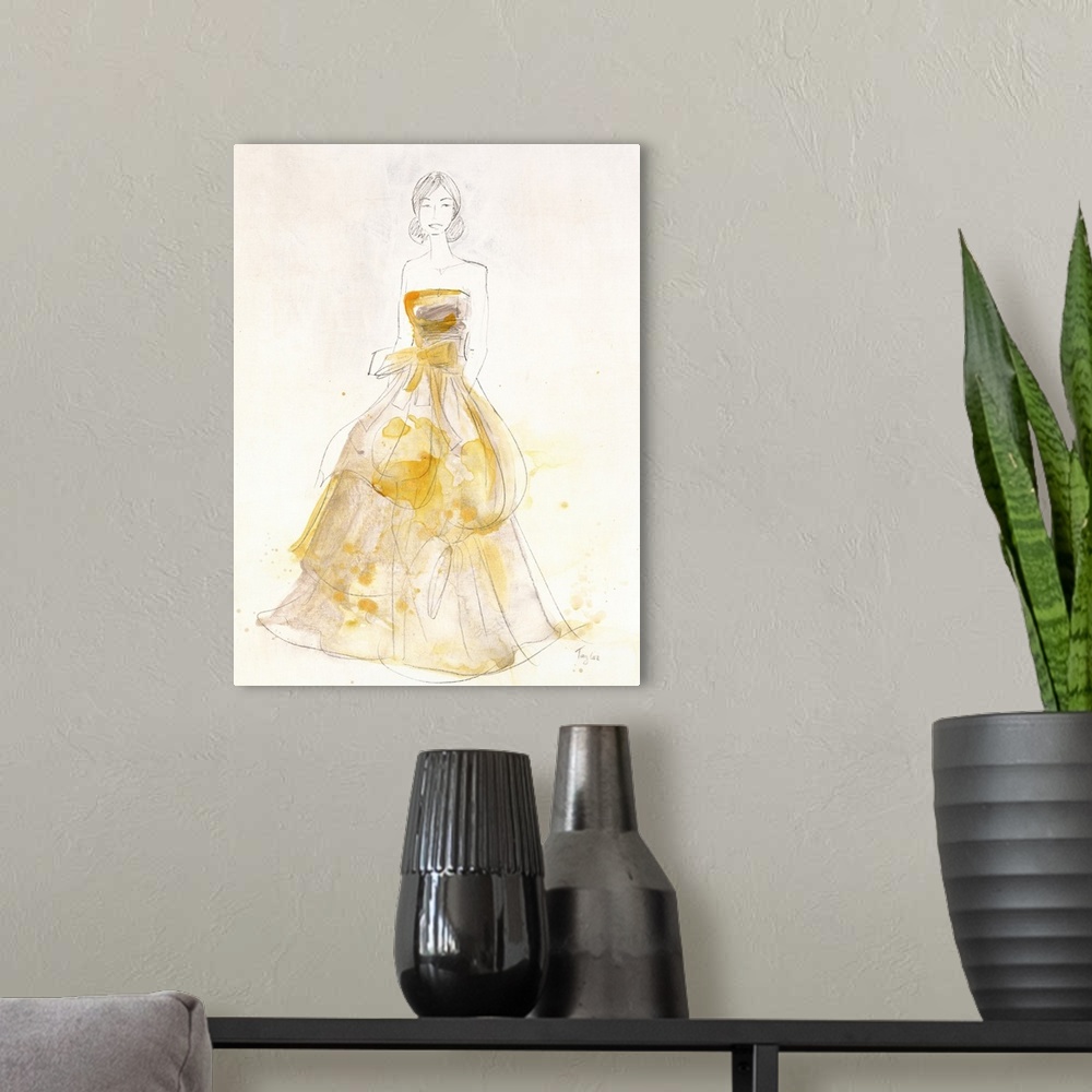 A modern room featuring Contemporary painting of a woman wearing a yellow dress against a neutral background.