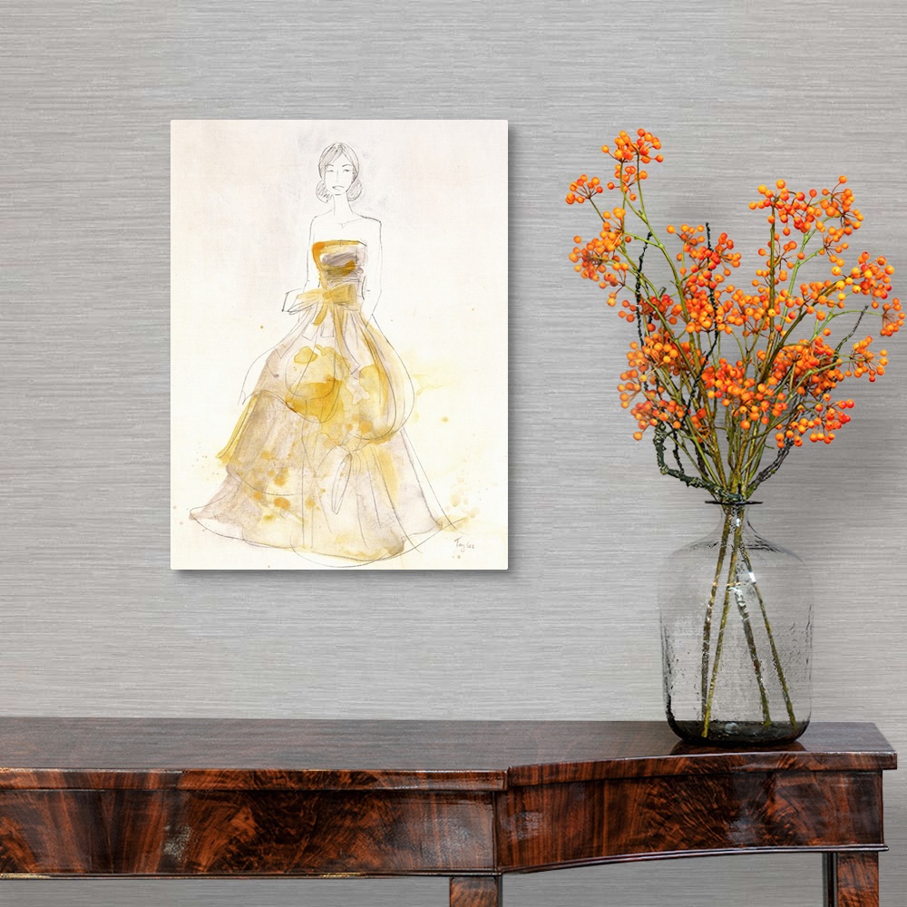 A traditional room featuring Contemporary painting of a woman wearing a yellow dress against a neutral background.