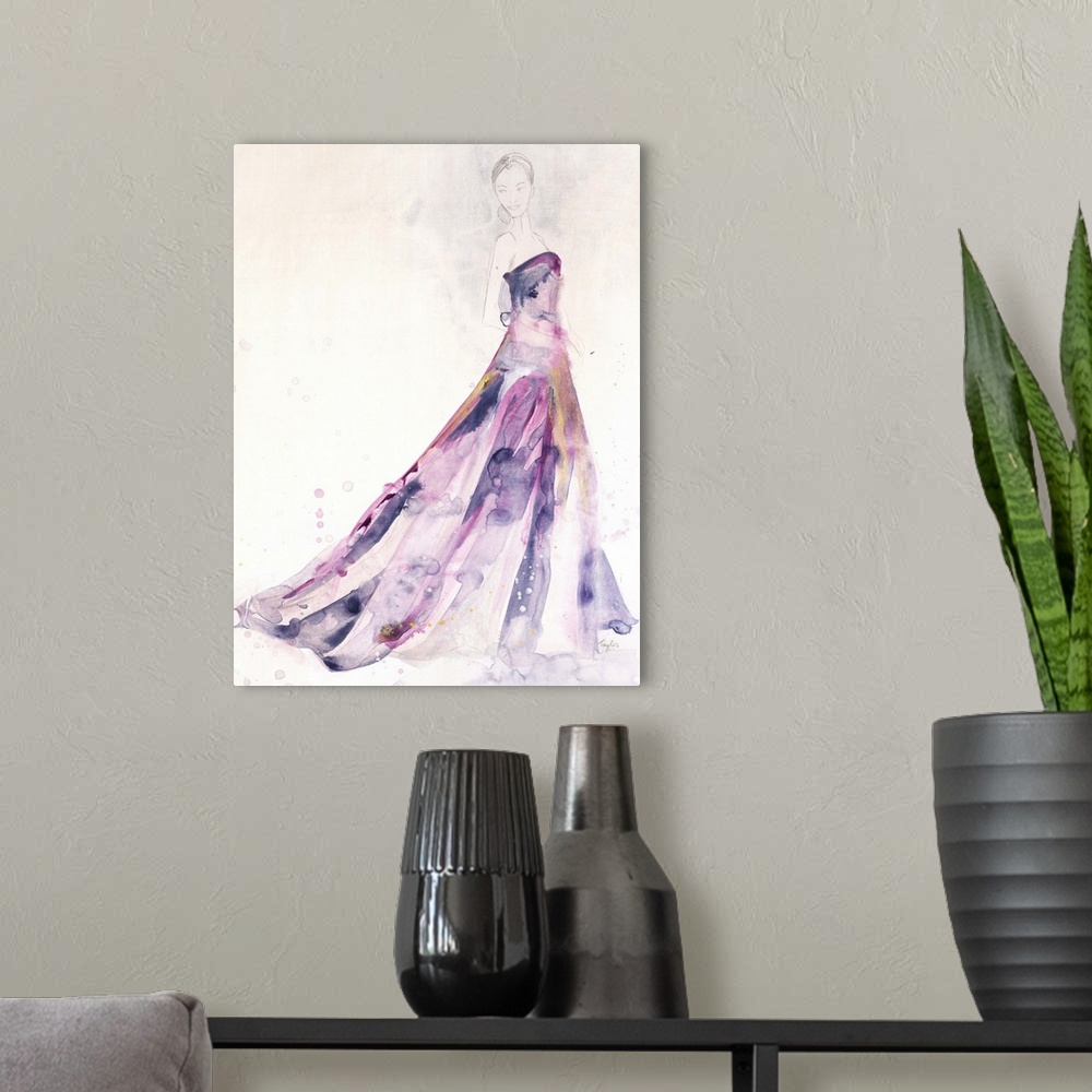 A modern room featuring Contemporary painting of a woman wearing a purple dress against a neutral background.