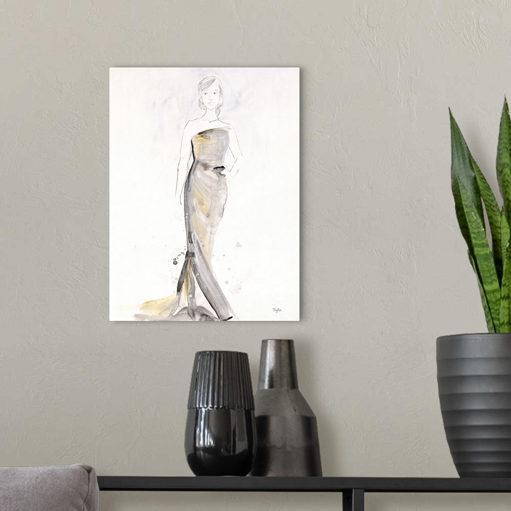 A modern room featuring Contemporary painting of a woman wearing a black dress against a neutral background.
