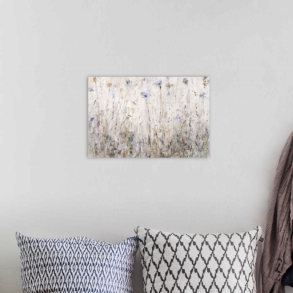 A bohemian room featuring Abstract painting filled with thin brushstrokes in all directions with shades of blue, brown, gre...