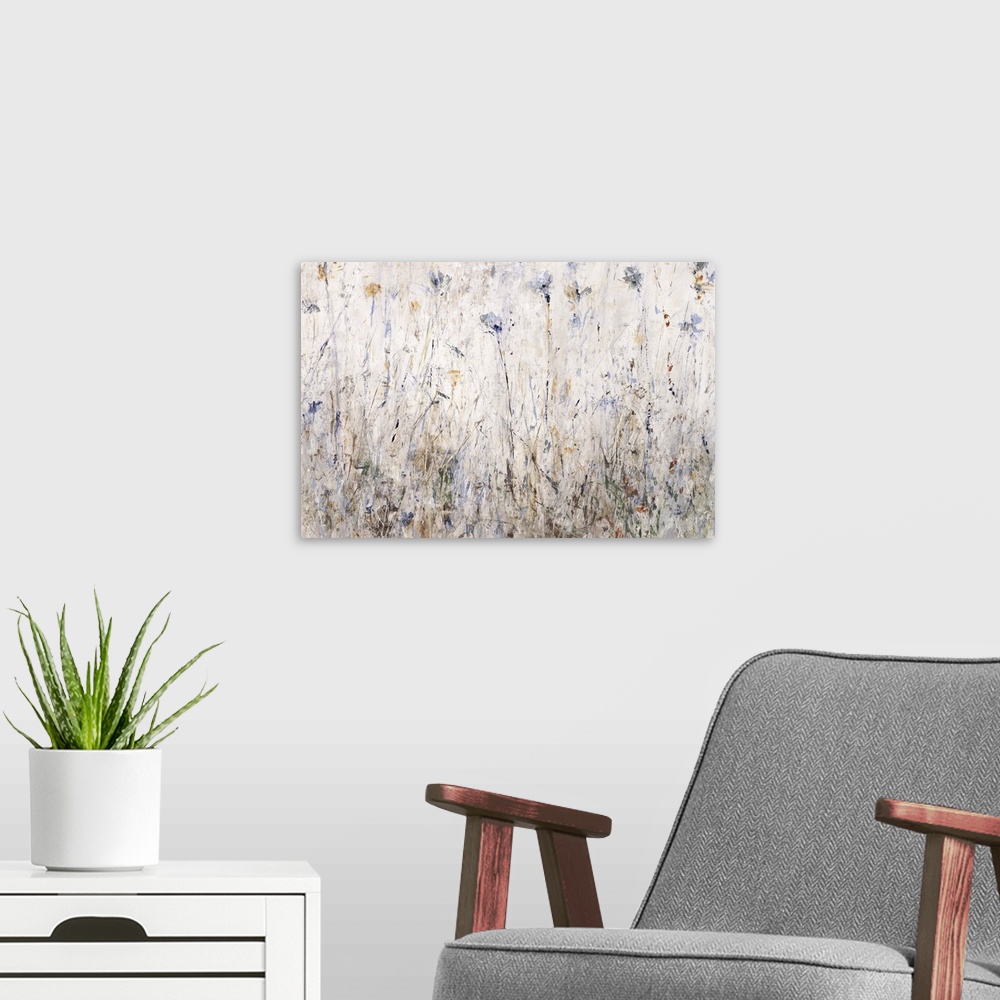 A modern room featuring Abstract painting filled with thin brushstrokes in all directions with shades of blue, brown, gre...