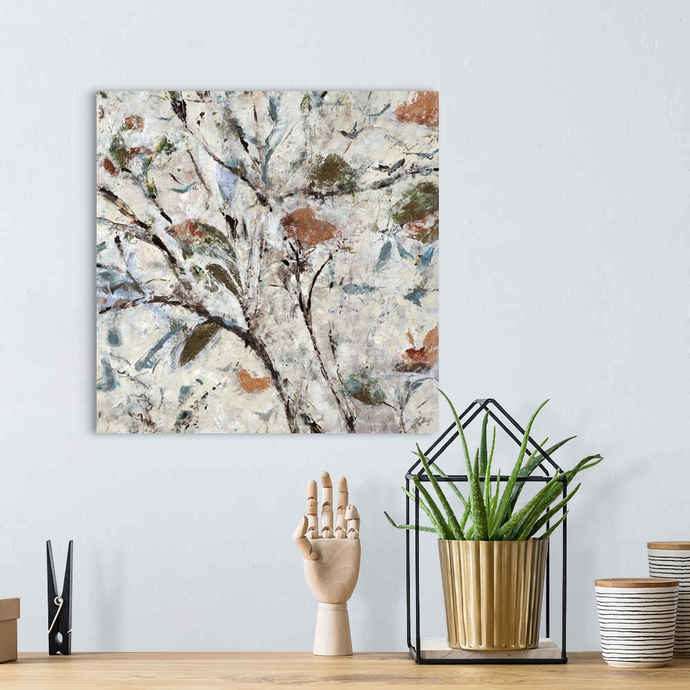 A bohemian room featuring Square abstract painting of a tree with thin, brown branches and green, orange, and blue fall lea...