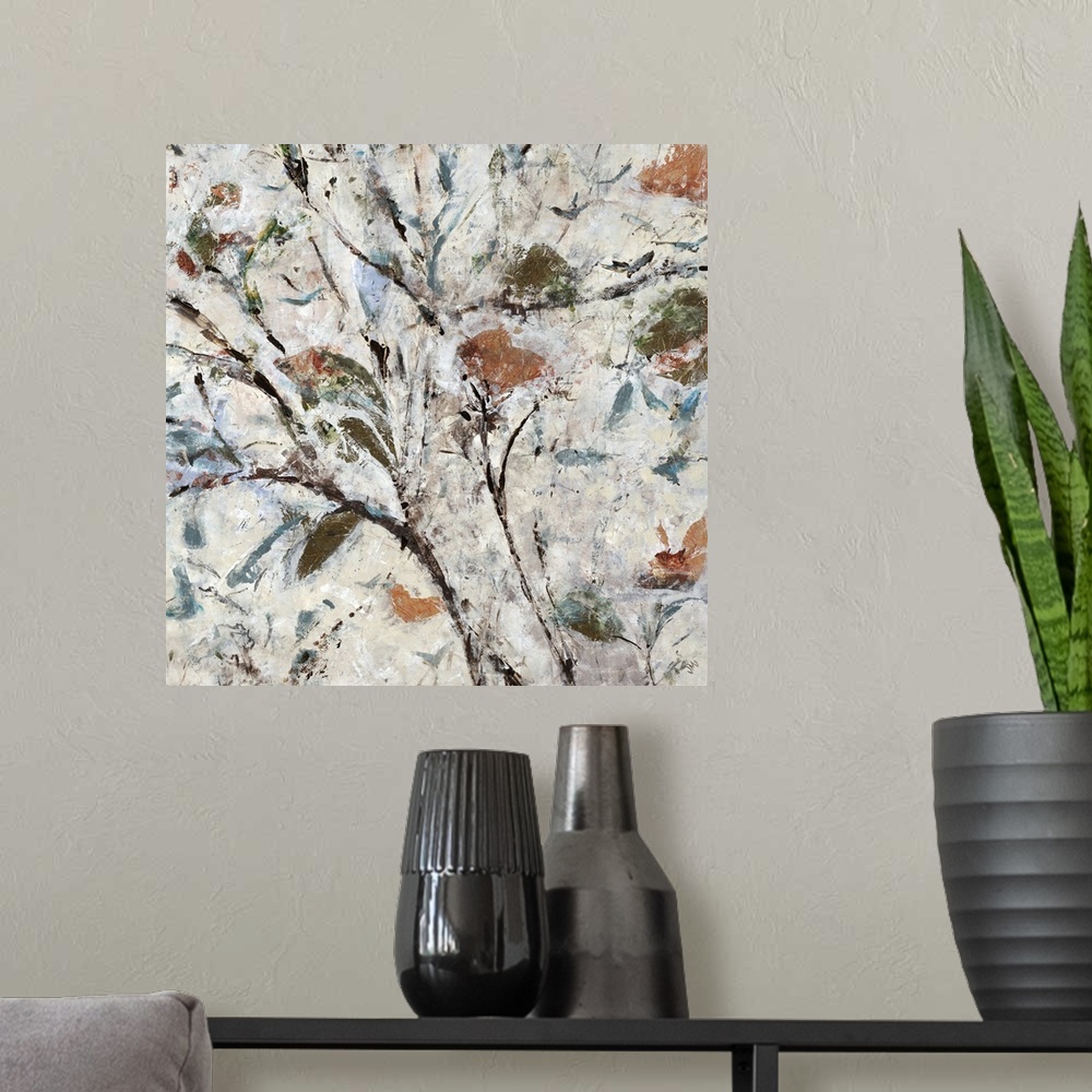 A modern room featuring Square abstract painting of a tree with thin, brown branches and green, orange, and blue fall lea...