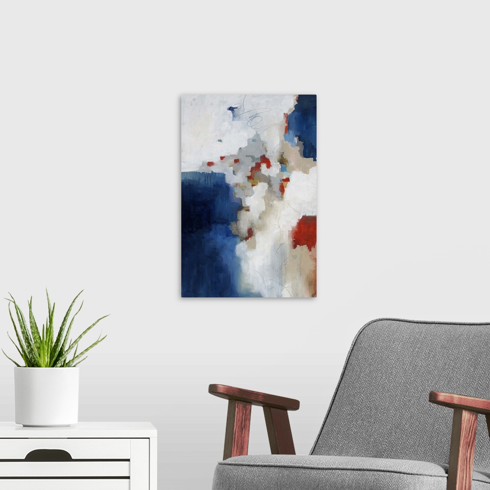 A modern room featuring Abstract painting resembling a figure holding a large object over the edge of a cliff, painted sh...
